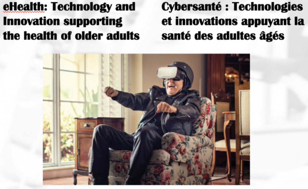 An elderly man sitting in his living room in a comfortable chair. He is wearing virtual reality goggles and is pretending to drive a motorcycle..