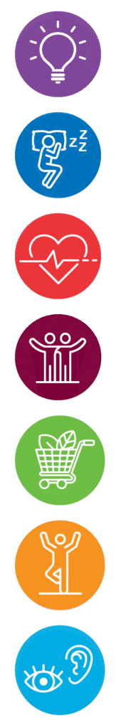 ertical row of colorful icons representing ideas, sleep, heart health, social connection, healthy shopping, exercise, and sensory health"