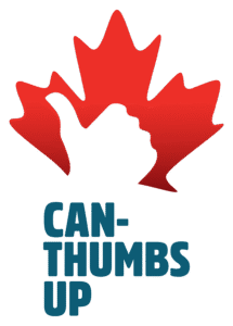 Thumbs up silhouette over a red maple leaf with the text 'CAN-THUMBS UP'"