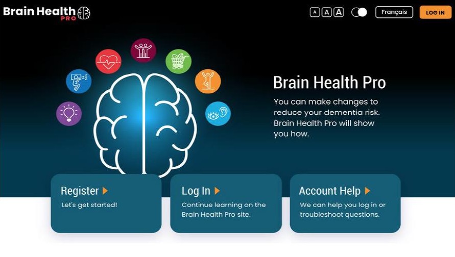 Brain Health Pro website homepage with brain illustration and icons representing health, learning, and support options