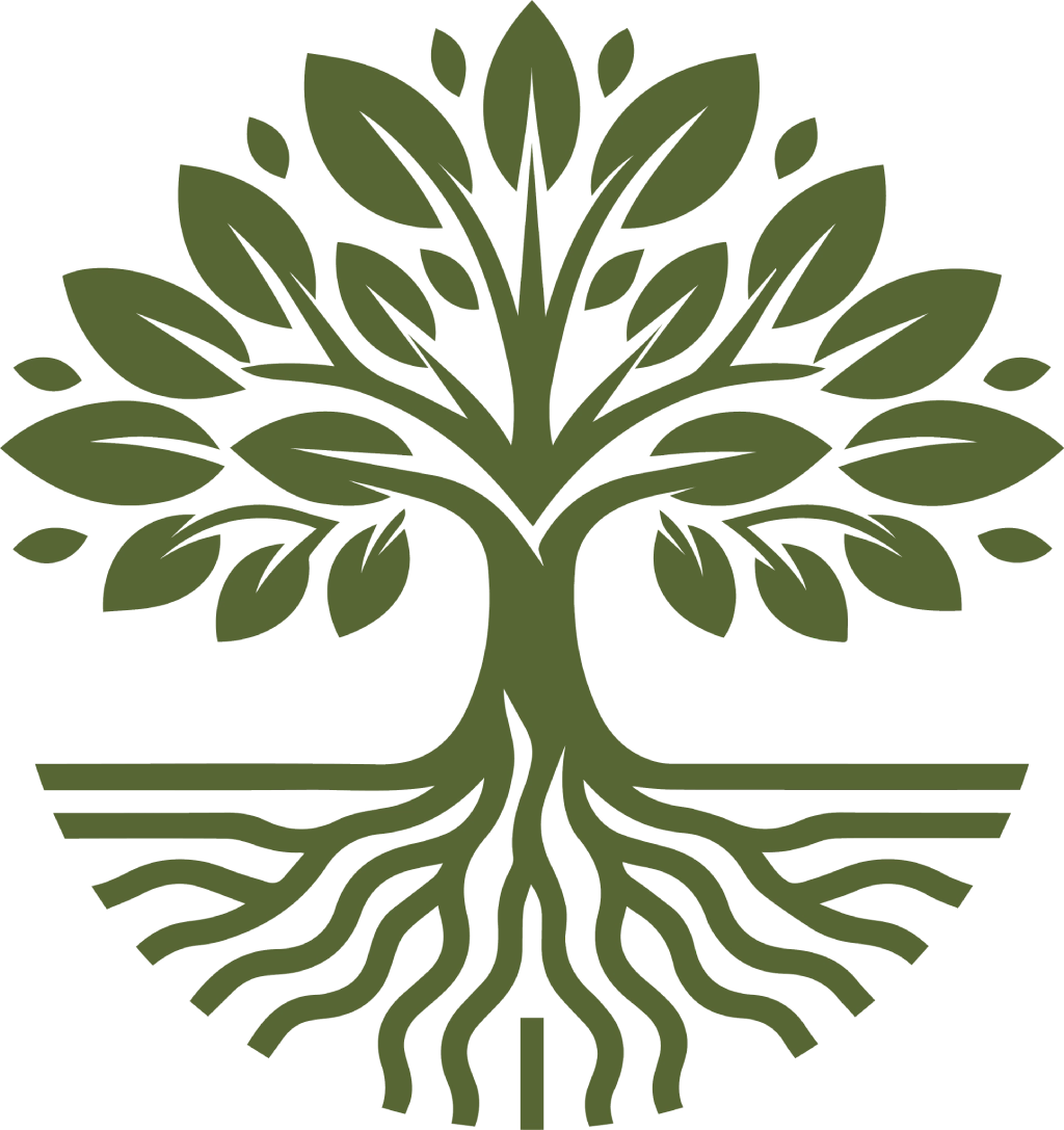 Green tree logo with roots and leaves in a circle.