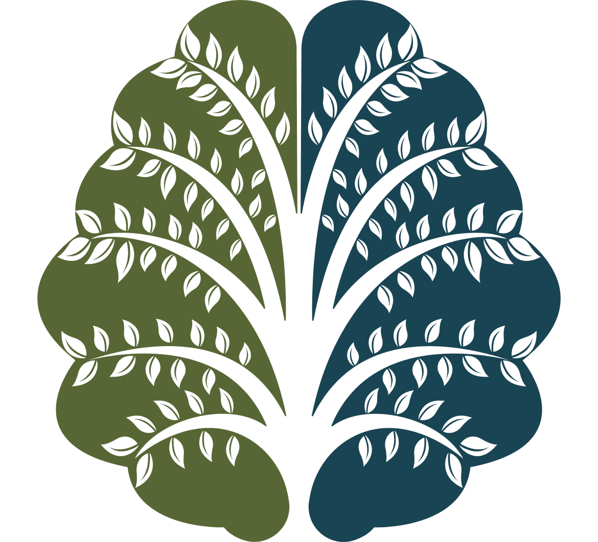 Stylized leaf design with green on the left and blue on the right